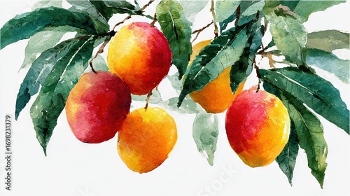  oranges on tree branch with green leaves, light blue sky