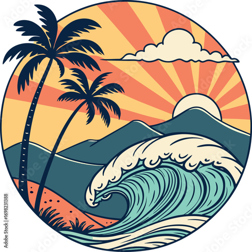 Vector art of circular illustration of a tropical sunset with palm trees, mountains, and a crashing ocean wave