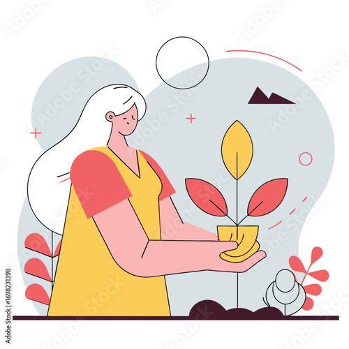 Woman gently tending to a small potted plant