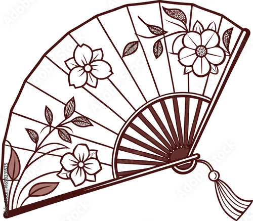Hand-held folding fan with a traditional Japanese floral pattern, vector illustration