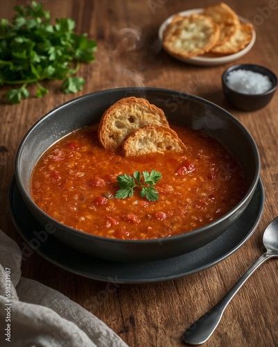 Wallpaper Mural Heiße Linsen-Tomaten-Suppe wird mit knusprigen Brotchips und frischem Koriander serviert Torontodigital.ca