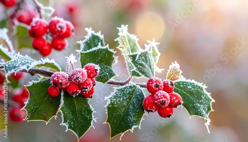 Frosted holly branches with red berries