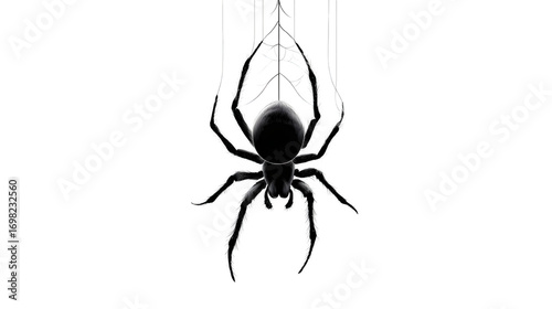 Simple spider dangling from thin thread line art isolated on white background