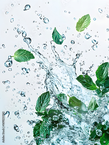Green leaves with water flow. Plants in transparent splashes. Illustration of liquid for design