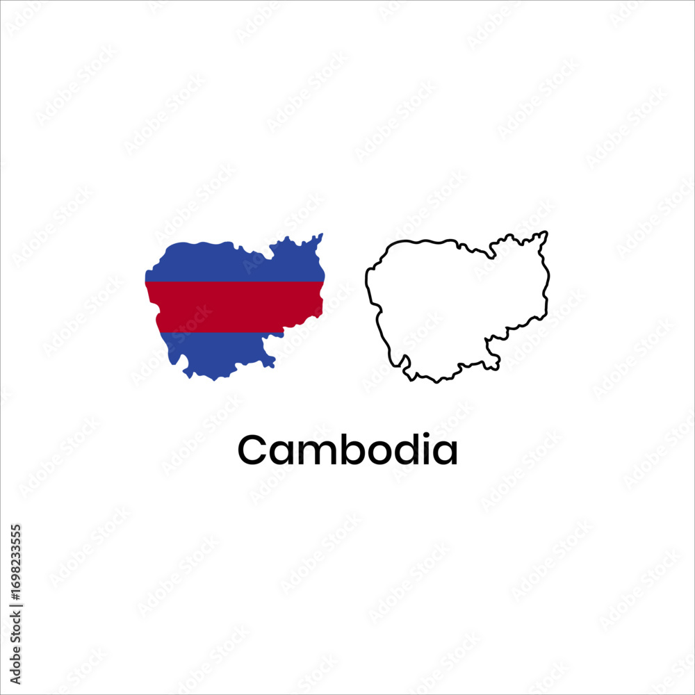 Obraz premium Cambodia map vector illustration with national border outline and cartography design showing Phnom Penh capital city geography symbol for travel atlas political state and tourism
