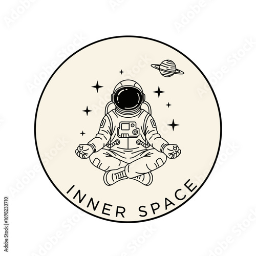 INNER SPACE. Astronaut meditating in lotus yoga pose in outer space. Minimalist line art illustration of a spaceman finding peace and mindfulness.