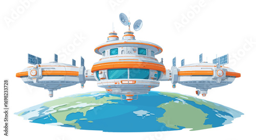 Futuristic Space Station Orbiting Earth Illustration with Solar Panels and Communication Antennas Design Element for Space Exploration