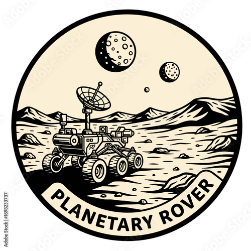 Planetary Rover emblem showing a space exploration vehicle on an alien planet. Vintage style illustration of a mars rover on a mission in outer space.