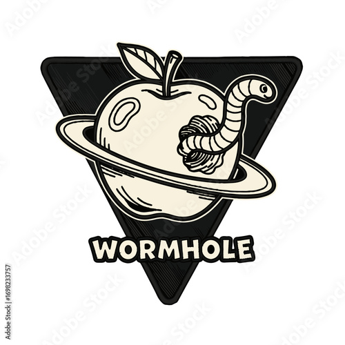 WORMHOLE funny cartoon illustration of a worm coming out of an apple planet. A clever visual pun on space and fruit.