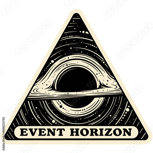 Event Horizon black hole vector illustration. Stylized space patch with a singularity and accretion disk in a triangle emblem.