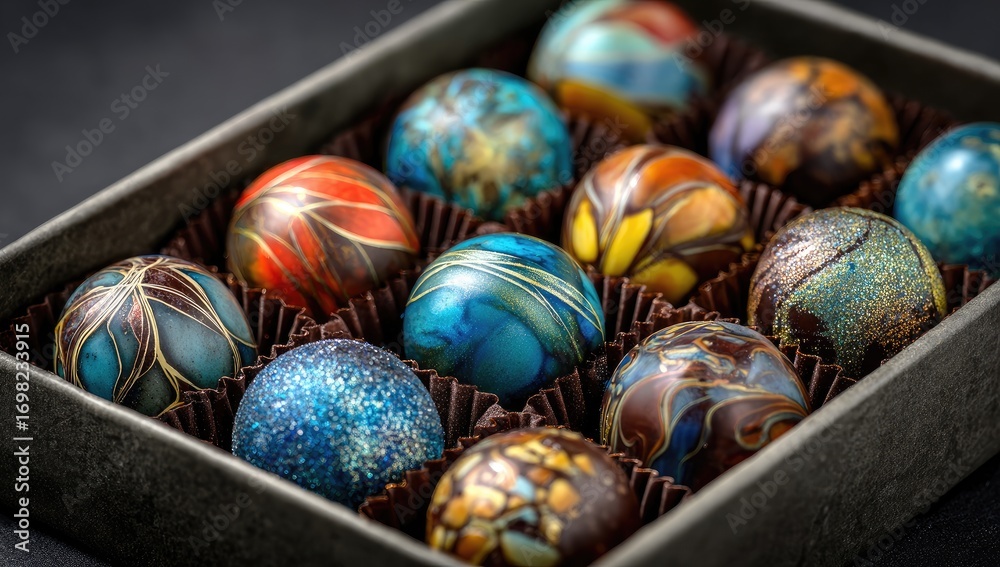 Fototapeta premium Artisanal chocolates box, studio shot, dark background, gift