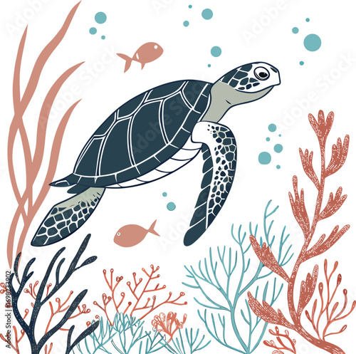 A magnificent green sea turtle glides through the shimmering blue water of a tropical coral reef