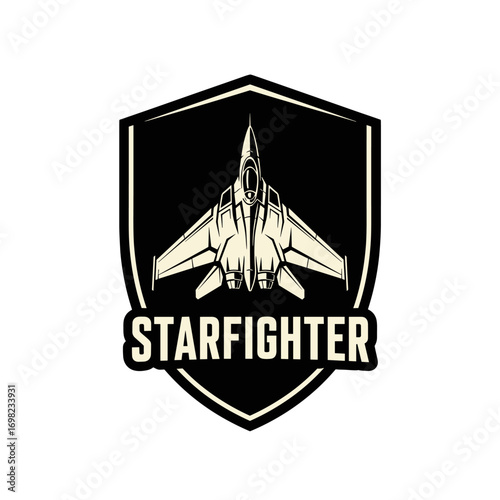 Starfighter logo with a fighter jet emblem. Military aviation badge vector illustration. Air force shield icon.