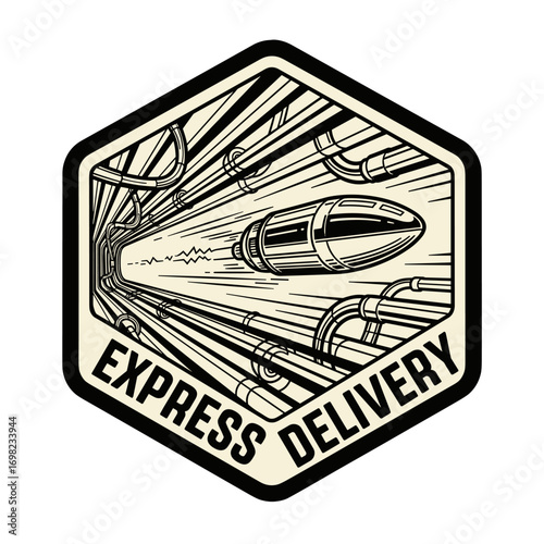 EXPRESS DELIVERY retro futuristic illustration of a high-speed capsule in a pneumatic tube. Sci-fi concept art for fast transport and communication.
