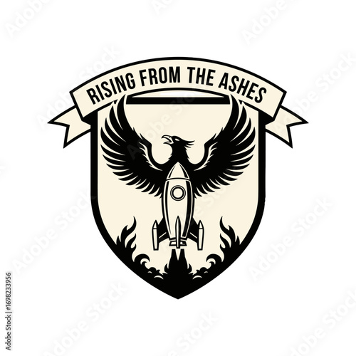 Rising from the ashes phoenix rocket launch emblem. Rebirth, innovation, and startup success concept logo. Vector illustration on a white background.