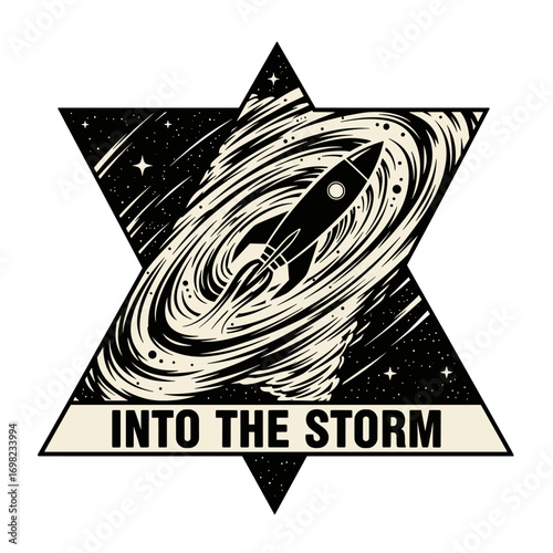 INTO THE STORM. Rocket ship flying through a swirling galaxy inside a Star of David. Space exploration vector illustration.