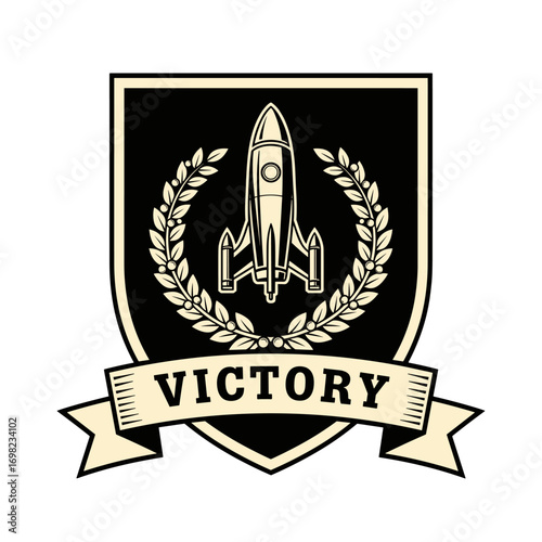 VICTORY rocket ship emblem. Vintage space exploration logo with a laurel wreath and shield. Retro cosmic achievement insignia for success and triumph.