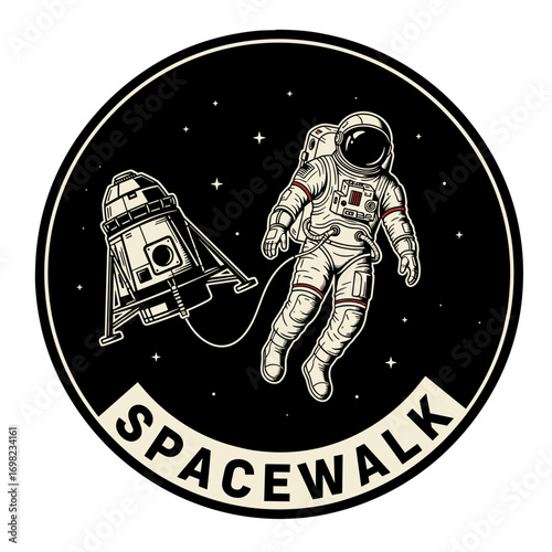 Spacewalk astronaut floating in outer space. Vintage style mission patch illustration with a lunar lander. Cosmic exploration graphic.