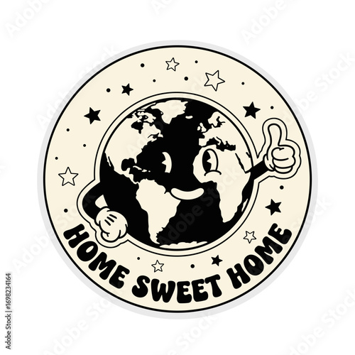 Home Sweet Home retro cartoon Earth character giving a thumbs up. Vintage planet mascot illustration for environmental awareness and global love.