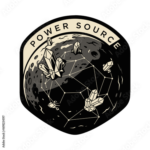 POWER SOURCE patch with a moon covered in energy crystals. Sci-fi illustration of a celestial body with a futuristic power grid network.