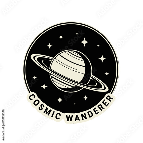 Cosmic Wanderer vintage space exploration logo with Saturn planet and stars. Retro astronomy sticker or patch design illustration on a white background.