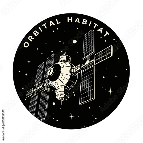 Orbital Habitat. Vintage space station mission patch illustration. Retro sci-fi graphic of a satellite in outer space.