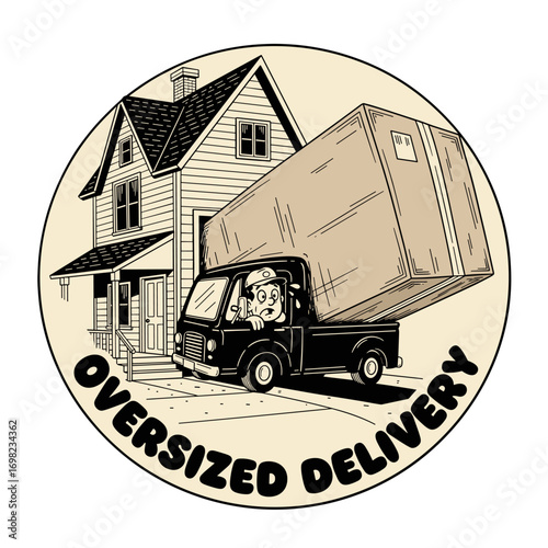 Oversized Delivery, a funny cartoon of a stressed delivery man driving a small truck with a huge package in front of a house. Vintage comic style illustration.