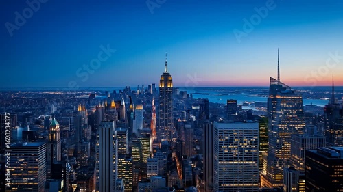 Wallpaper Mural Cityscape at dusk shows illuminated skyscrapers against a blue-to-orange gradient sky Torontodigital.ca