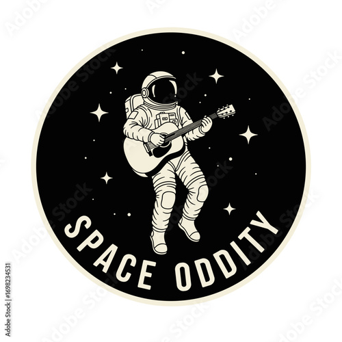 SPACE ODDITY illustration of an astronaut playing an acoustic guitar in outer space. Spaceman musician floating among stars, a retro cosmic design.