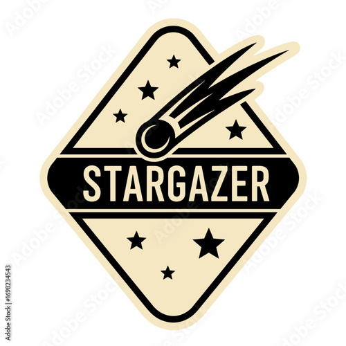 STARGAZER vintage logo with comet and stars. Retro space exploration emblem or patch design. Astronomy and celestial vector illustration.