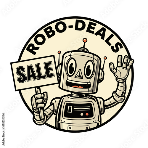 ROBO-DEALS SALE. A friendly vintage cartoon robot holding a sign and waving. Retro advertising mascot for discounts and promotions.