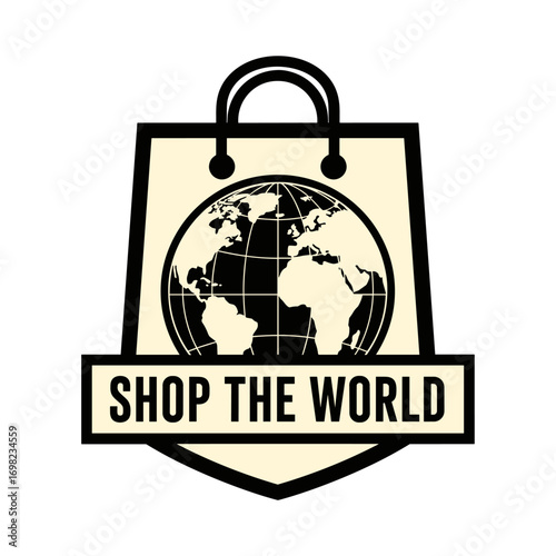 Shop The World logo design. Global shopping bag icon with planet earth. International commerce and e-commerce vector symbol.