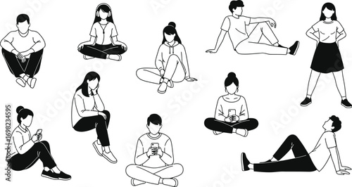 Diverse group of people in various relaxed seated poses, illustrated with clean lines