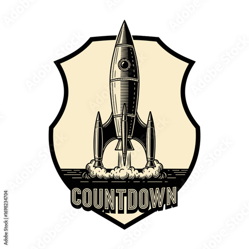 Countdown retro rocket launch emblem. Vintage spaceship taking off on a shield crest. Atomic age science fiction vector illustration.