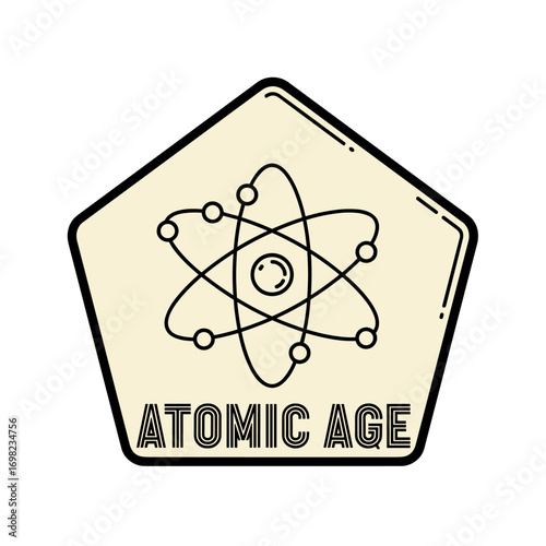 Atomic Age retro logo with atom symbol. Vintage mid-century science and technology illustration. Nuclear energy icon on a pentagon badge.