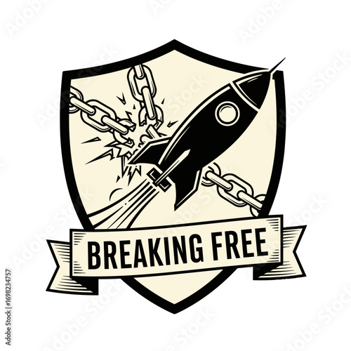 Breaking Free retro rocket ship illustration. A vintage-style emblem of a spacecraft bursting through chains, symbolizing freedom, escape, and success.