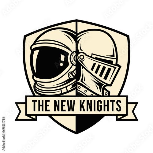The New Knights logo with a split helmet of an astronaut and a medieval warrior. A symbol of future technology, space exploration, and historical tradition.