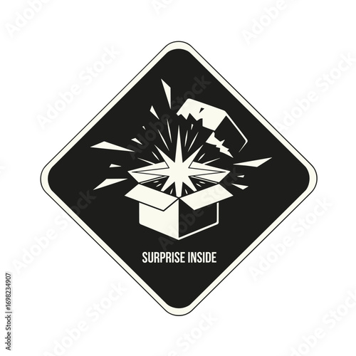 SURPRISE INSIDE funny warning sign with an exploding box. Vector illustration of a dangerous gift or package with a monster inside. Humorous hazard label.
