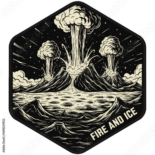 FIRE AND ICE cryovolcanoes erupting on a frozen alien moon. Volcanic landscape illustration in a black and white patch design. Cosmic planetary exploration concept.