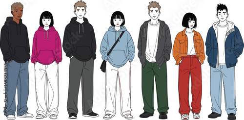 Diverse group of young adults in casual streetwear standing together