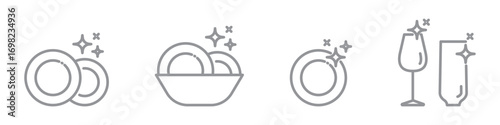 Clean Dishes and Glasses linear icons. Editable Stroke.  Dishwashing symbols set with plates and glasses. Simple outline icons for cleaning service, hygiene and kitchen care on transparent background.