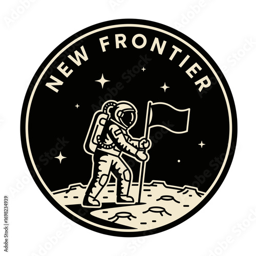 New Frontier astronaut planting a flag on the moon. Space exploration mission emblem. Vintage style vector illustration for a patch or logo.