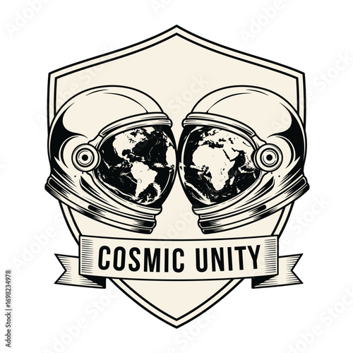 Cosmic Unity emblem with two astronaut helmets reflecting planet Earth. Vintage style illustration of global connection and space exploration.
