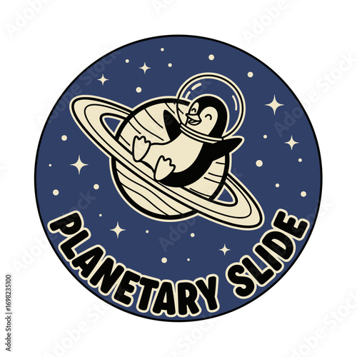 Planetary Slide. Cute cartoon penguin astronaut sliding down the rings of a planet. Funny space animal character illustration for a sticker or patch.
