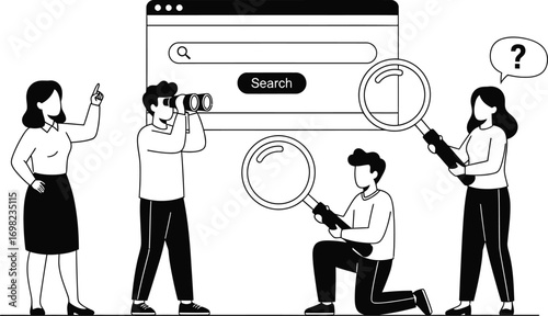 People collaborating to find information using search engine and magnifying glass