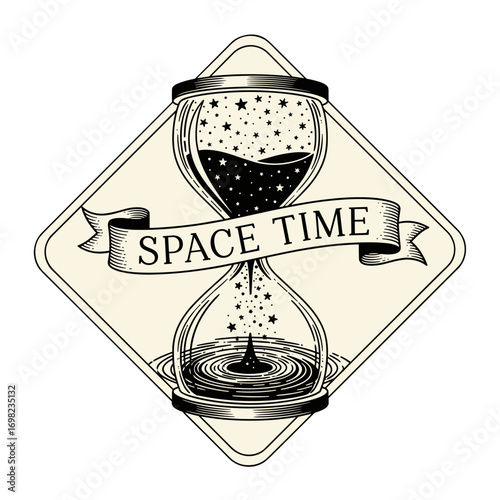 SPACE TIME vintage hourglass illustration. Celestial tattoo design with stars and galaxy. Mystical and philosophical concept of the universe and time.