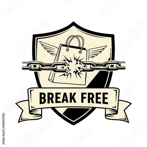 Break Free from consumerism emblem. Winged shopping bag breaking chains on a shield crest. Vintage style vector illustration for freedom and anti-shopping concepts.