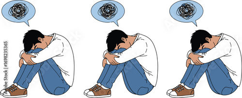 Young man feeling distressed and confused, isolated with chaotic thoughts