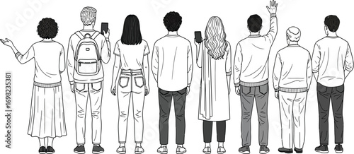 Diverse group of people standing together looking forward, some holding phones