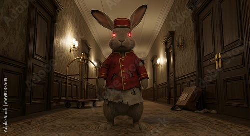 Rabbit in Hotel Corridor with Glowing Eyes and Distressed Clothing - Surreal Horror Illustration